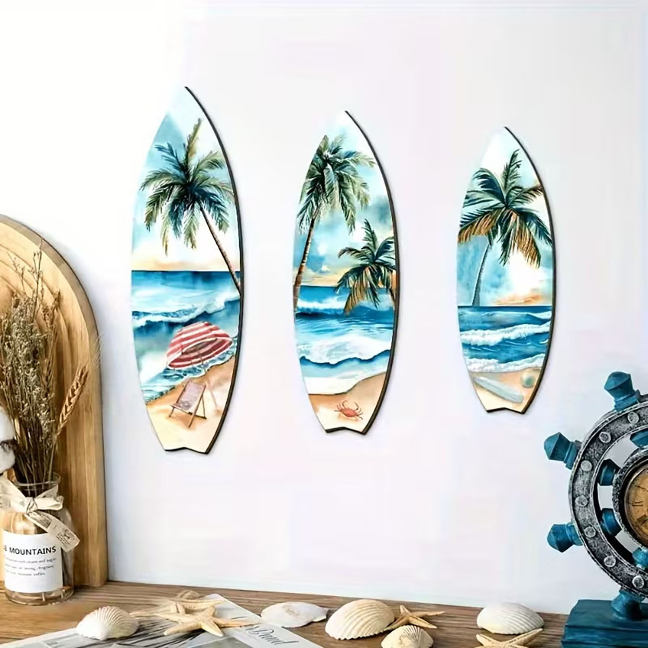 Home Decor Nautical - مجموعة من 3 قطع فنية خشبية
