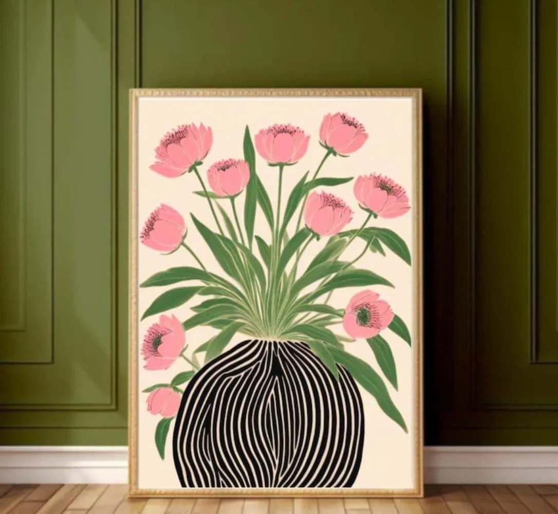 Home Decor Vase - ملصق زهور بدون إطار، لوحات جدارية