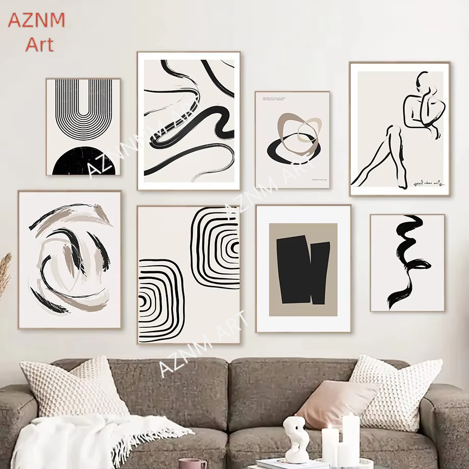 Home Decor Minimal - الشمال البوهيمي خط الفن الأسود البيج