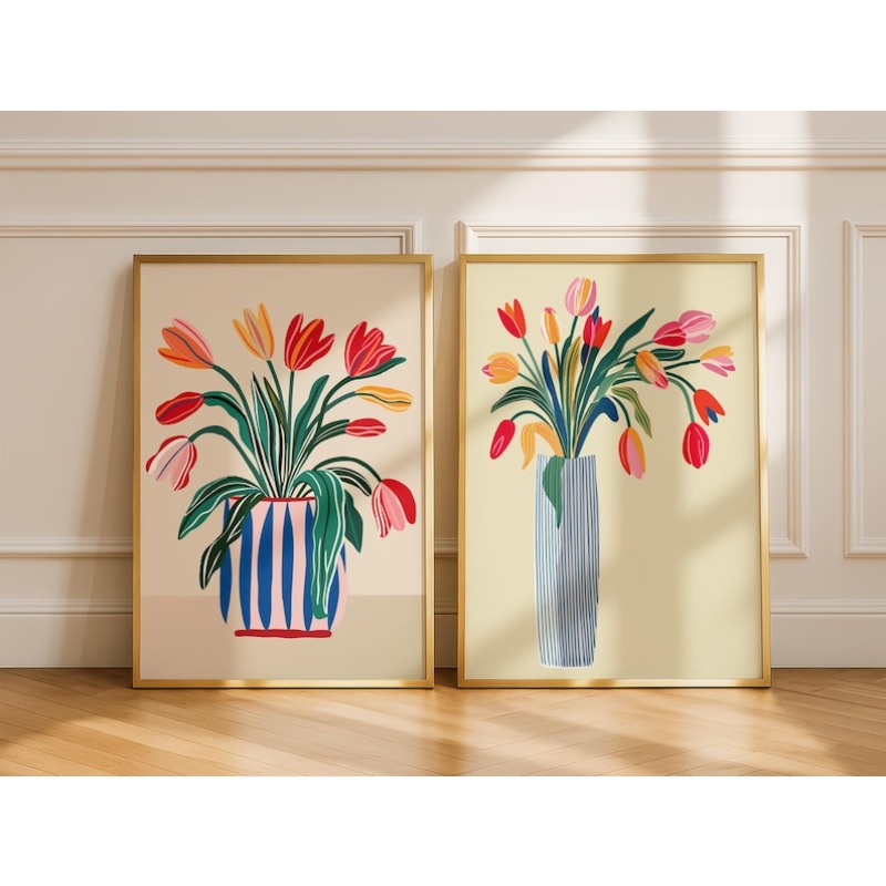Home Decor Vase - قطعتان من لوحات جدارية قماشية لزهور